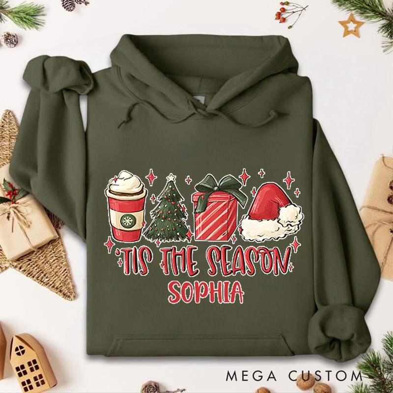 Personalized Tis the Season with Coffee and Holiday Gifts Christmas Hoodies