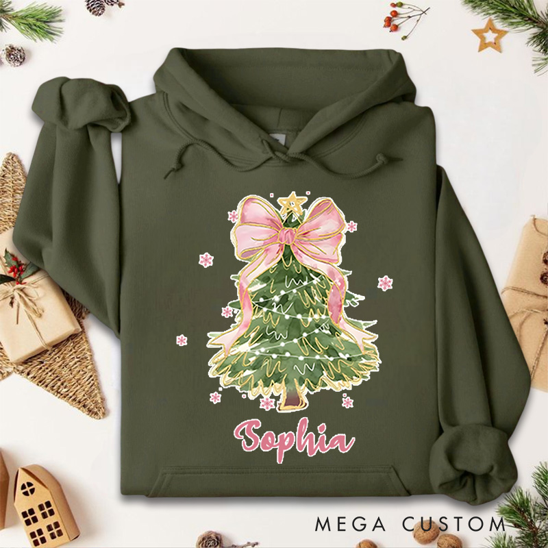 Personalized Christmas Tree with Pink Bow and Lights Christmas Hoodies