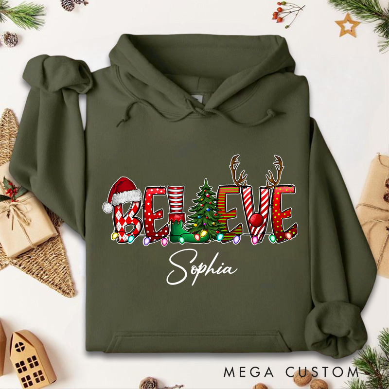 Personalized Believe with Holiday Icons and Reindeer Antlers Christmas Hoodies