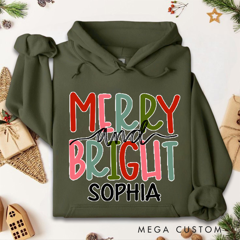 Personalized Merry and Bright with Colorful Holiday Text Christmas Hoodies