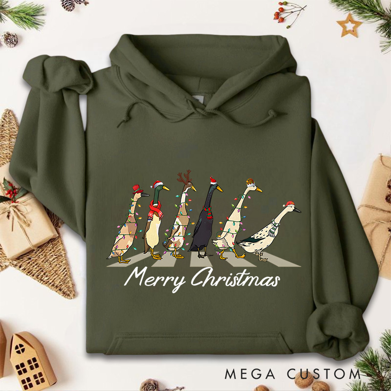 Personalized Geese Walking with Christmas Lights and Hats Christmas Hoodies