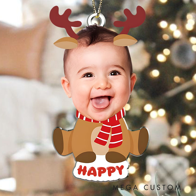 Personalized Baby Photo Reindeer in Cozy Scarf for a Cute and Festive Christmas Look Christmas Ornaments