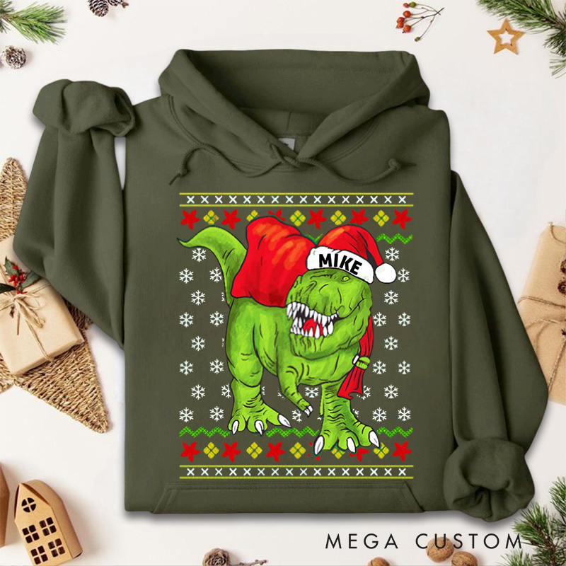 Personalized T Rex Santa Claus Ugly Christmas Sweater Hoodies
