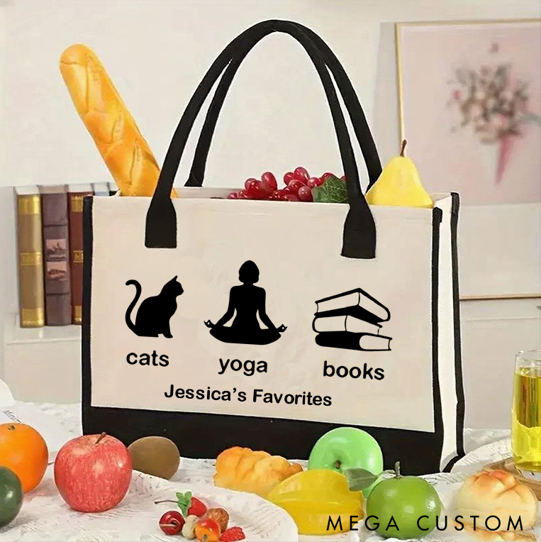 Personalized Yoga Tote Bag with Cats Yoga Books Design Custom Name Perfect for Yoga Lover and Daily Use