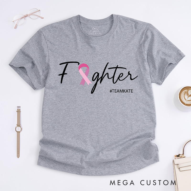 Personalized Her Fight Is Our Fight T-shirt featuring pink and gray ribbon design to support breast cancer warriors and survivors.