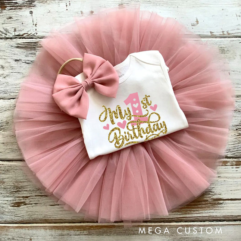 Personalized Glittery My First Birthday Design with Name and Hearts for Baby Celebration Baby Tutu Skirt