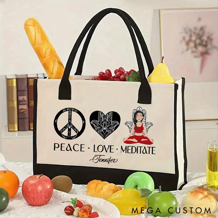 Personalized Yoga Tote Bag with Peace Love Meditate Design Meditation Bag Canvas Tote Bag Perfect for Yoga Lover
