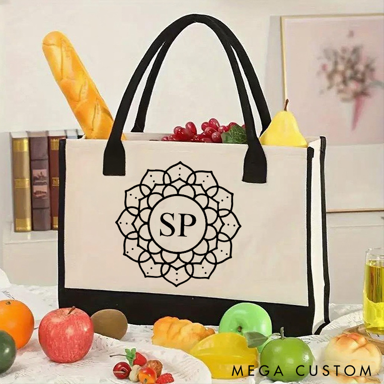 Personalized Yoga Tote Bag with Initials and Mandala Design Pilates Bag Canvas Tote Bag Perfect for Yoga Lover and Daily Use