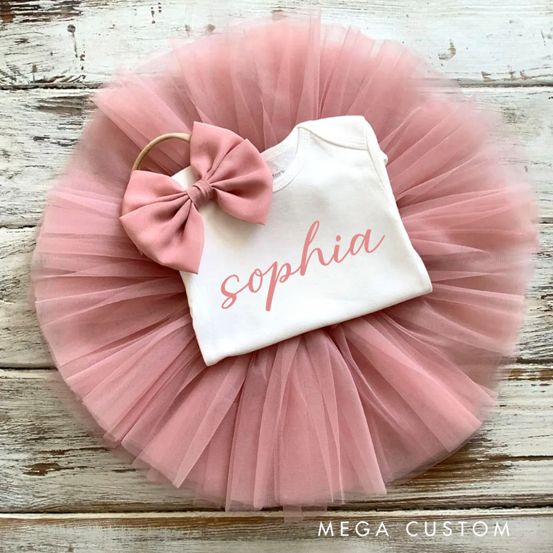 Personalized Elegant Script Baby Name Design with Soft Pink Font for a Sweet and Stylish Look Baby Tutu Skirt