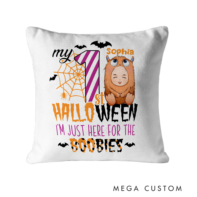 Personalized Baby Halloween Celebration with Cute Baby Costume and Humorous Text for Kids Pillow