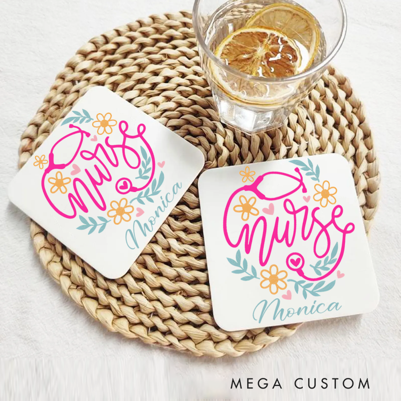 Personalized Coasters for Nurse Customized Nurse Floral Stethoscope Design Coasters Nurse Gift