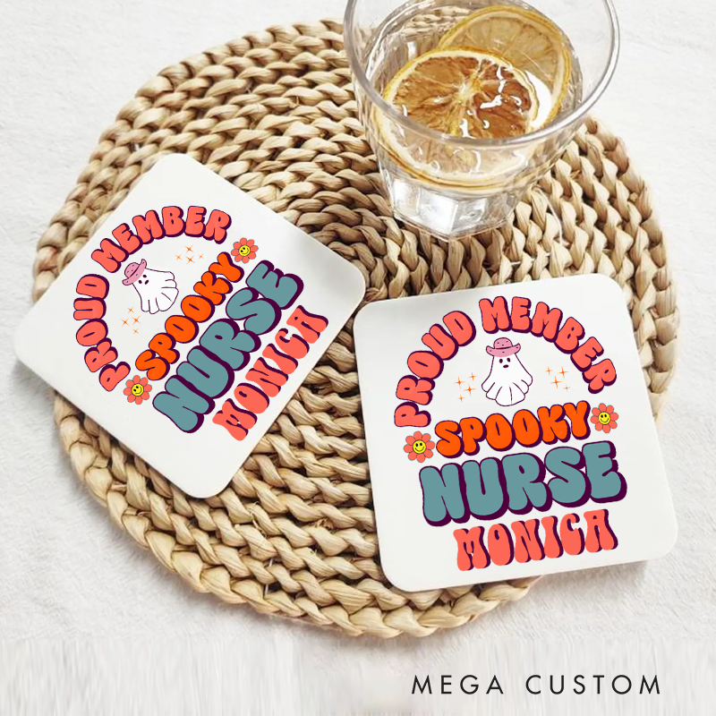 Personalized Coasters for Nurse Customized Proud Member of Spooky Nurse Design Coasters Nurse Gift