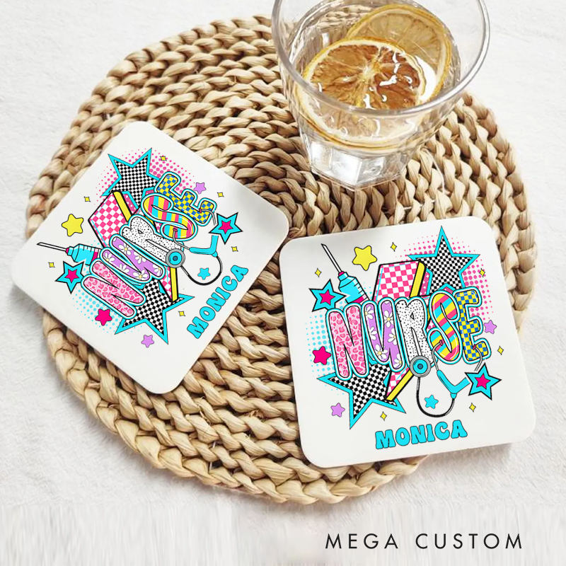 Personalized Coasters for Nurse Customized Colorful Nurse Stars Design Coasters Nurse Gift