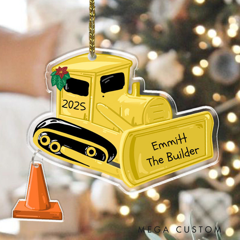 Personalized Construction Vehicle Christmas Ornaments Featuring Baby's Name the Builder for a Festive Holiday Touch