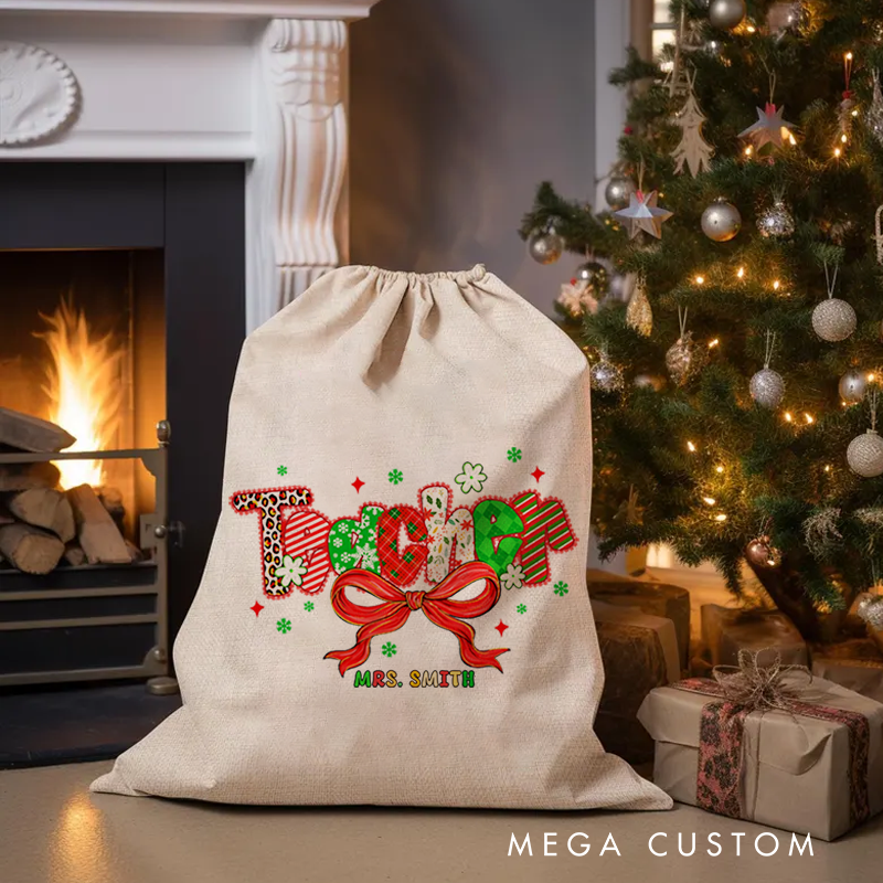 Personalised Christmas Santa Sack for Teachers Custom Teacher Bow Design Sack Christmas Gift