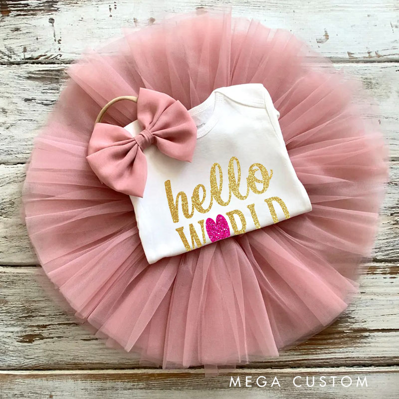 Personalized Glittery Hello World Design with Heart and Name for a Joyful Baby Announcement Baby Tutu Skirt