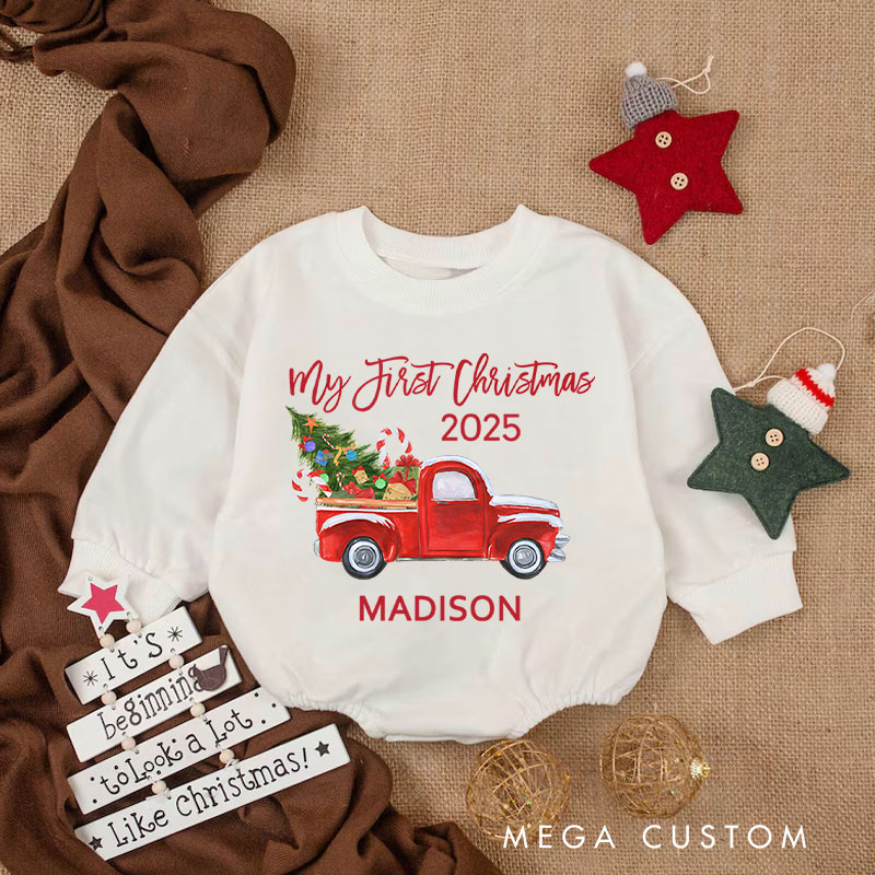 Personalized Baby's First Christmas Truck Baby Onesie Perfect for a Festive and Memorable Celebration Baby Bodysuit