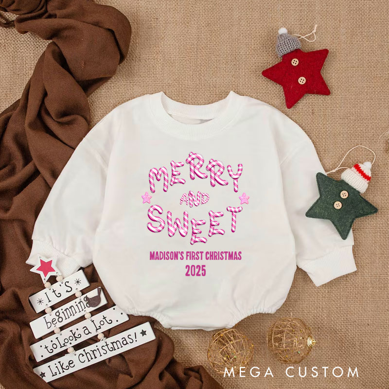 Personalized Merry and Sweet Baby Onesie Perfect for Adding Charm to a Baby’s First Holiday Celebration Baby Bodysuit