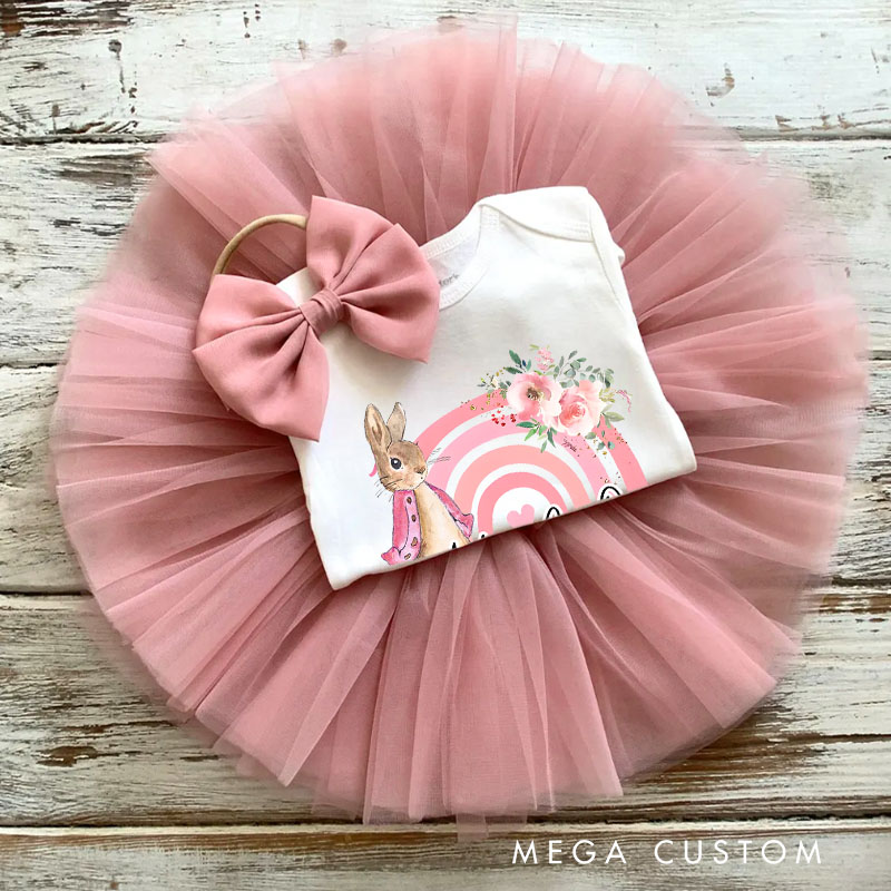 Personalized Bunny and Pink Floral Rainbow First Birthday Outfit for Baby Girls Adorable Celebration Baby Tutu Skirt