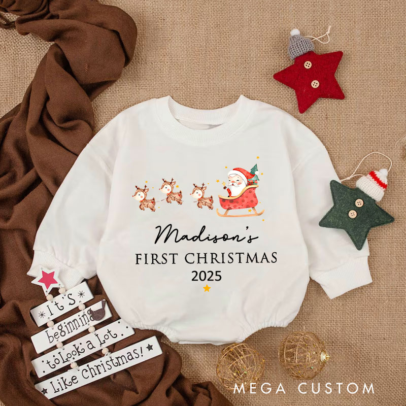 Personalized First Christmas Santa and Reindeer Baby Onesie Perfect for Cherishing a Baby’s Holiday Season Baby Bodysuit