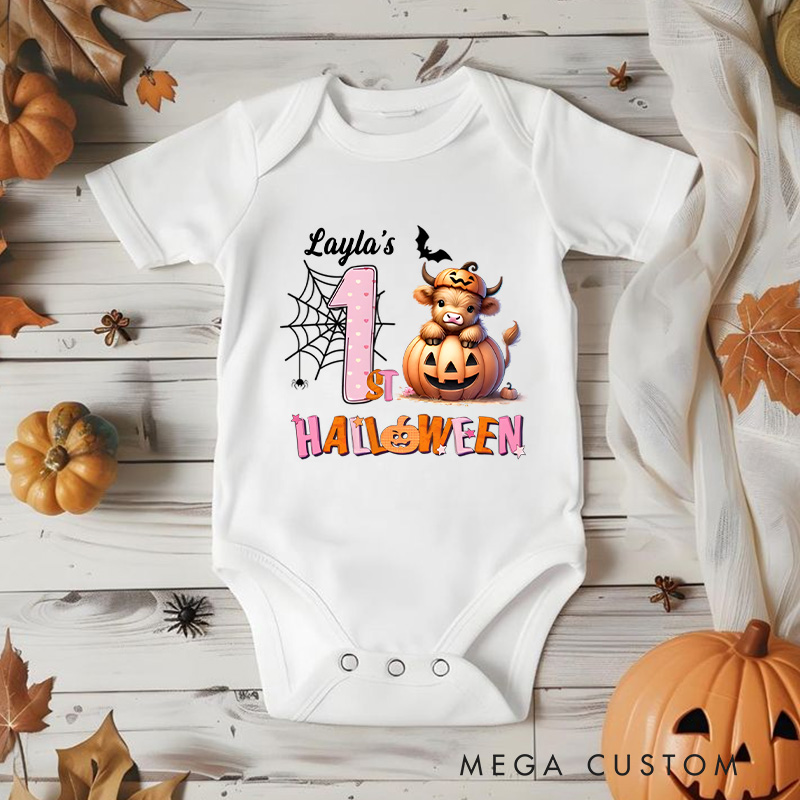 Personalized Spider Web and Pumpkin Design for Baby's First Halloween Celebration Baby Onesie