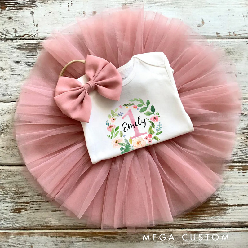 Personalized First Birthday Baby Tutu Skirt with Your Name Floral Birthday Gift Newborn Gift