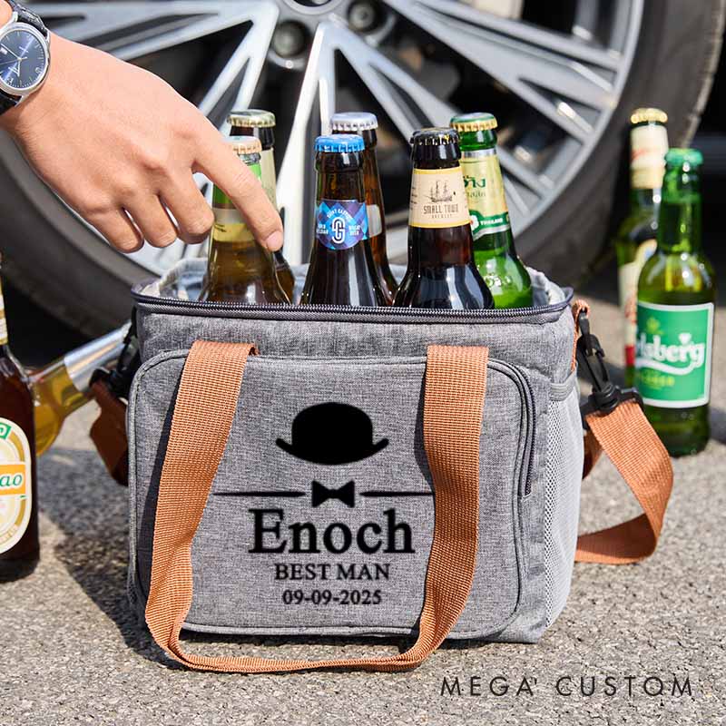 Personalized Groomsmen Cooler Bag Wedding Beer Bag Gift for Groom Best Man Party Favors Bag for Men Hat Bow Tie Design Bag for Him