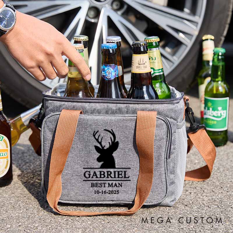 Personalized Cooler Bag for Groomsmen Custom Deer Head Beer Bag Wedding Party Gift Bags for Men Bachelor Favors Cooler Bag