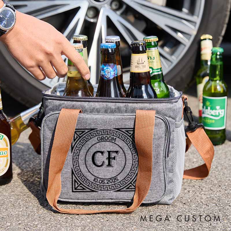 Personalized Cooler Bag Custom Groomsmen Beer Cooler Bag Geometric Border Frame Designed Bag for Men Wedding Party Gift bag Best Man