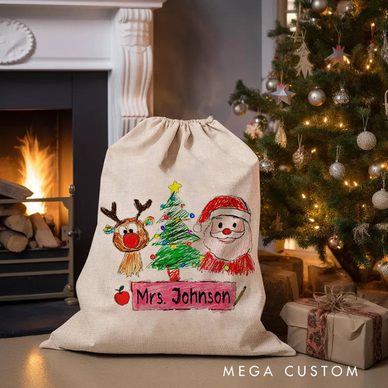 Personalised Christmas Santa Sack for Teachers Custom Cute Rudolph Christmas Tree Santa Claus Design Sack Christmas Gift