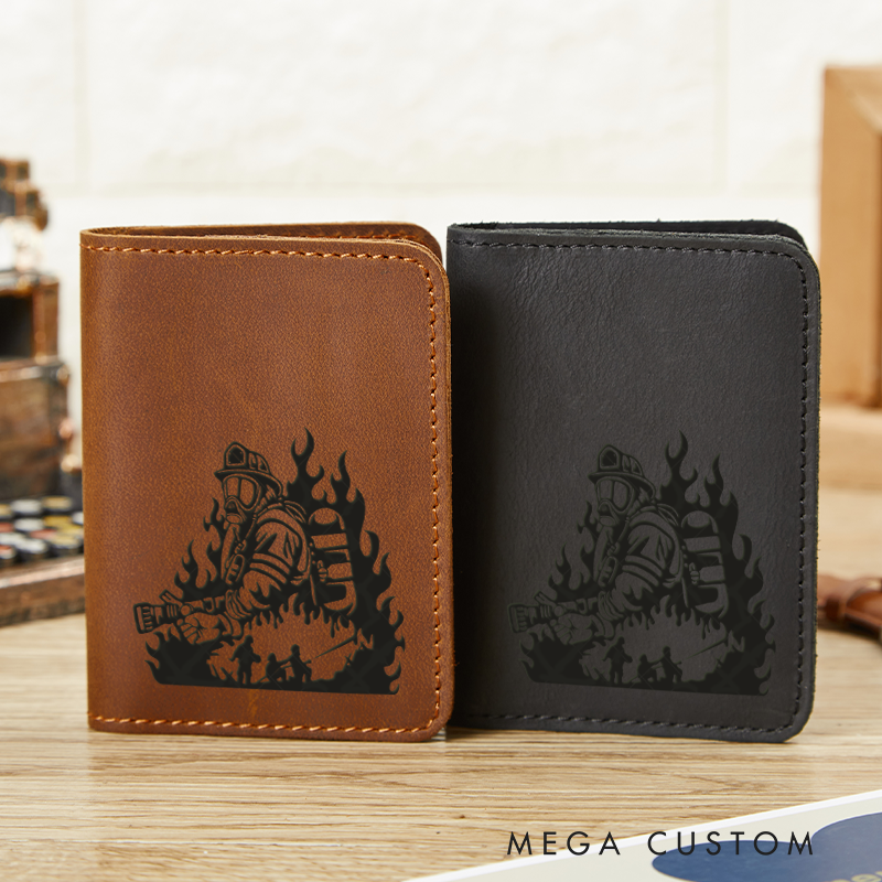 Personalized Leather Card Holder Wallet Firefighter Theme Gift for Firefighter