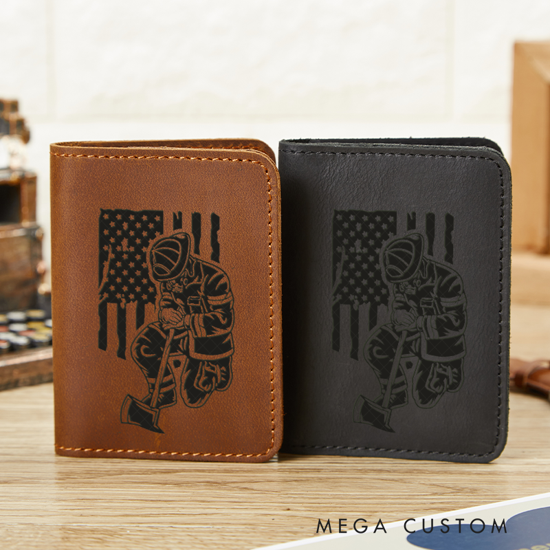 Personalized Leather Card Holder Wallet Firefighter with Axe Gift for Firefighter