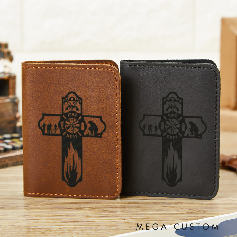 Personalized Leather Card Holder Wallet Firefighter Cross Gift for Firefighter