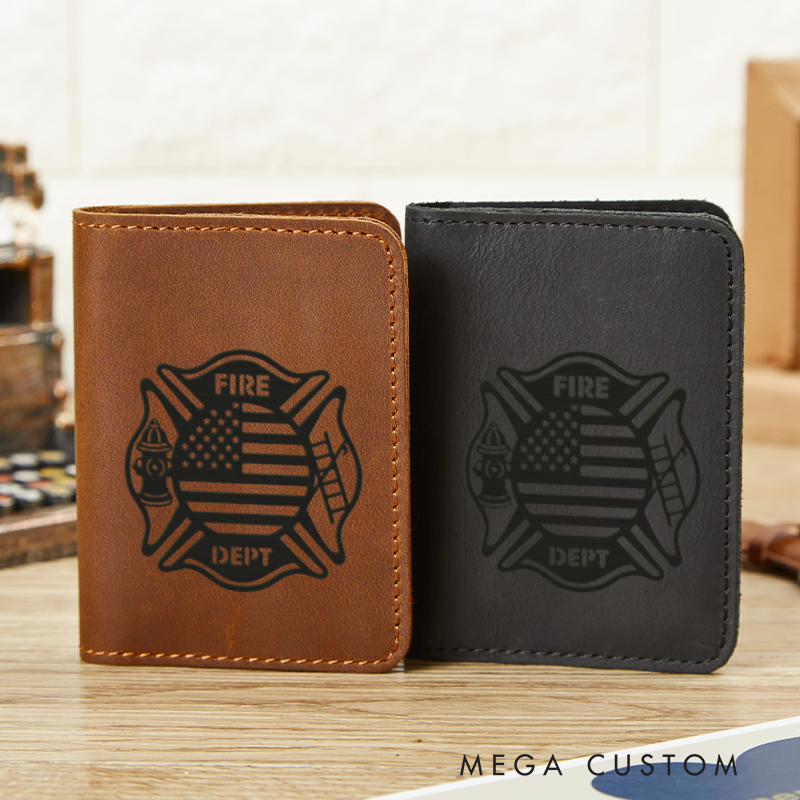 Personalized Leather Card Holder Wallet Firefighter Badge Gift for Firefighter