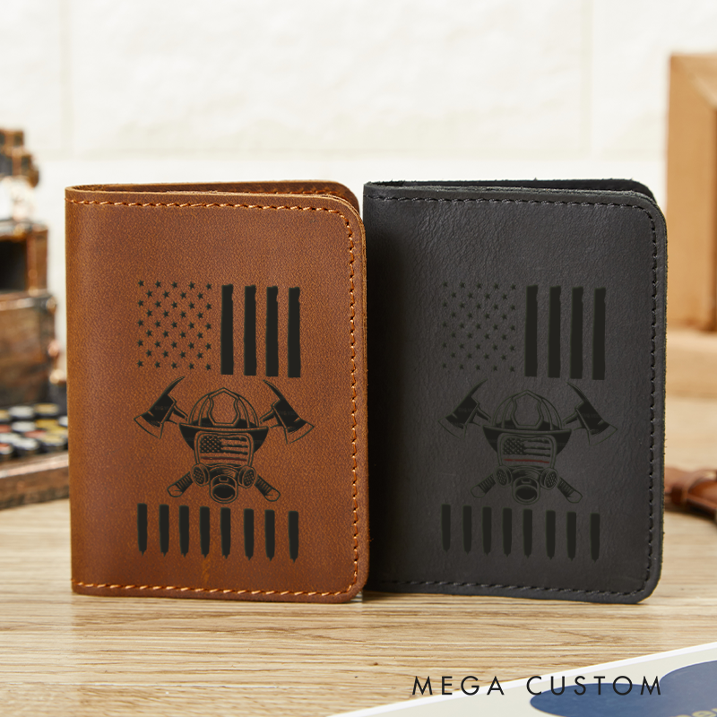 Personalized Leather Card Holder Wallet Firefighter Mask Axes Gift for Firefighter