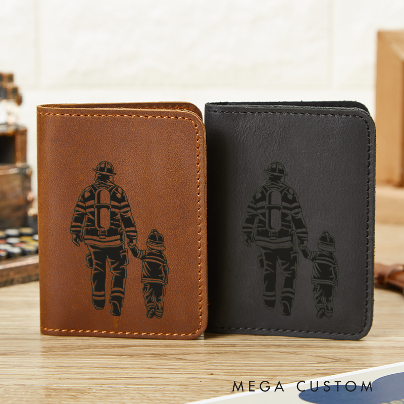 Personalized Leather Card Holder Wallet Firefighter and Child Gift for Firefighter