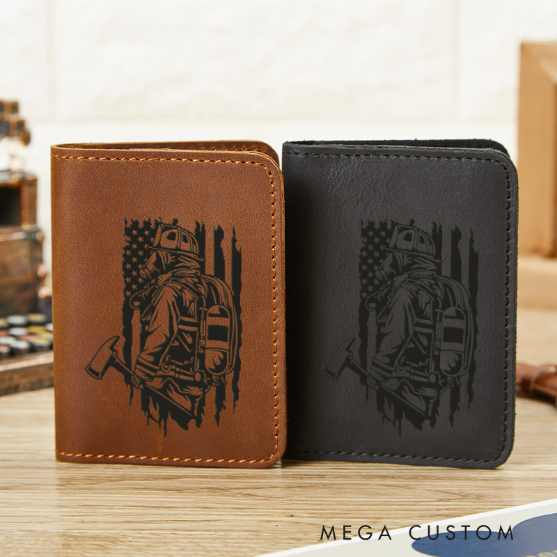 Personalized Leather Card Holder Wallet Firefighter with Axe Flag Gift for Firefighter