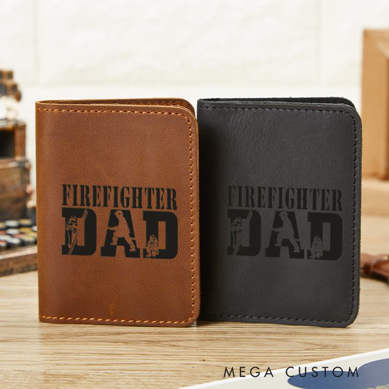 Personalized Leather Card Holder Wallet Firefighter Dad Gift for Firefighter