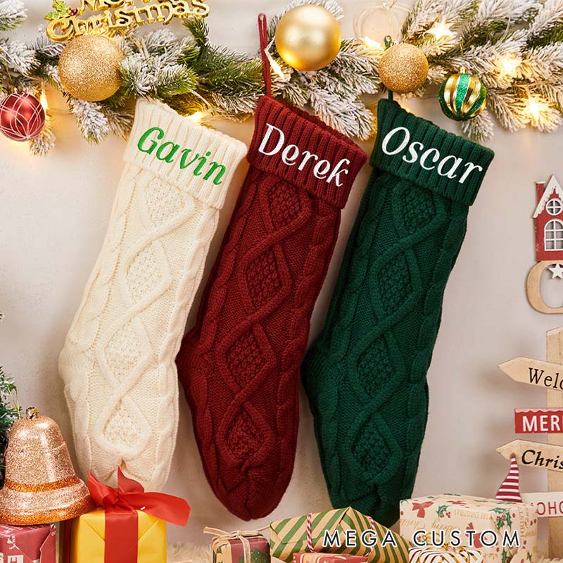 Personalized Cable Knit Christmas Stocking Embroidered Name Family Decor