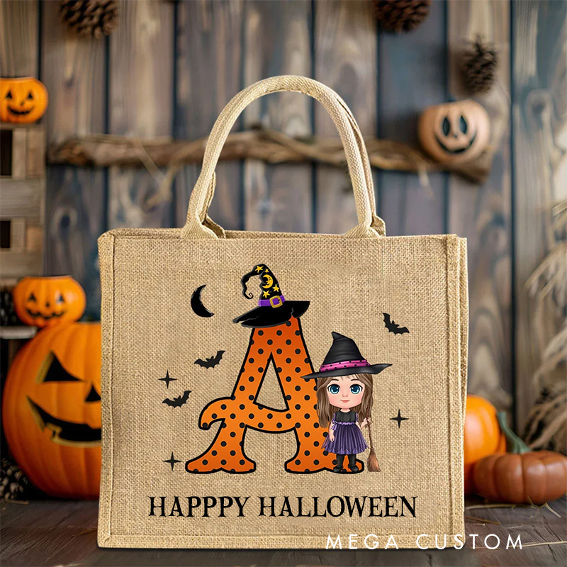 Personalized Cartoon Vampire Witch Trick or Treat Jute Tote Bag with Name and Initial Halloween Spooky Season Gift for Boys Girls