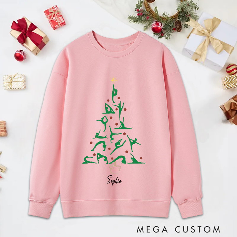 Personalized Christmas Yoga Classic Ugly Sweatshirts with Festive Tree and Yoga Poses Design Perfect for Yoga Lover and Holiday Gift