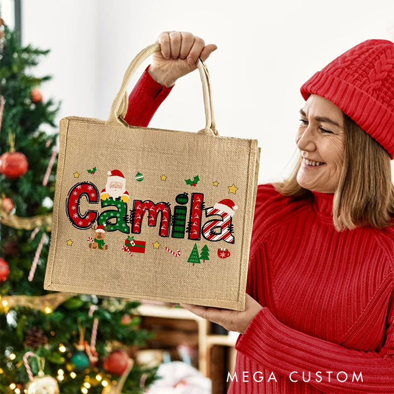 Personalized Cute Santa Christmas Theme Letters Reusable Jute Tote Bag with Name Christmas Holiday Gift for Kids Family