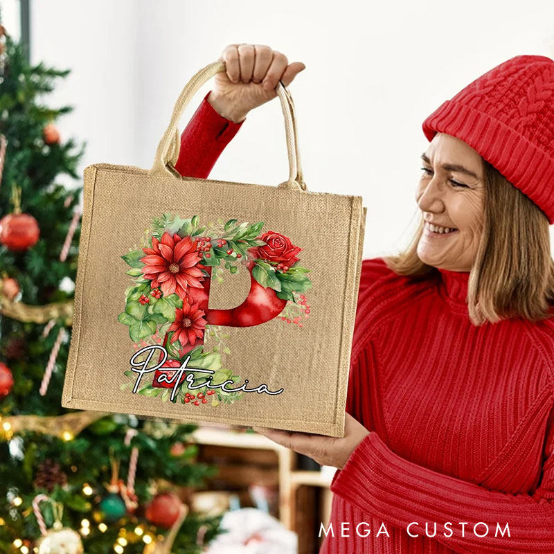 Personalized 3D Holly Floral Initial Durable Jute Tote Bag with Name Christmas Gift for Family Friend and Kids