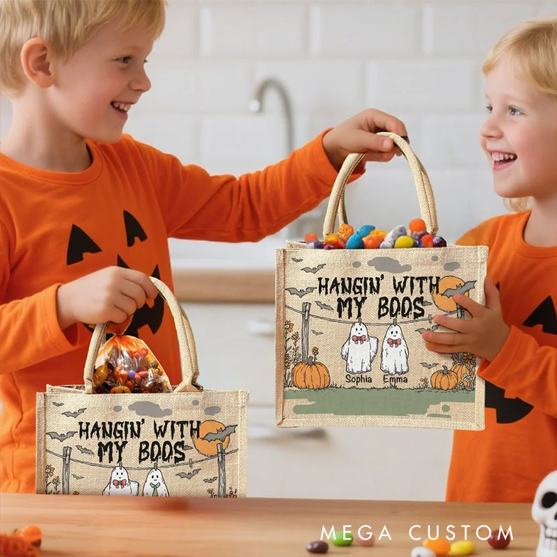Personalized Hangin With My Boos Pumpkin Ghost Jute Bag with Names Halloween Party Gift for Boys Girls