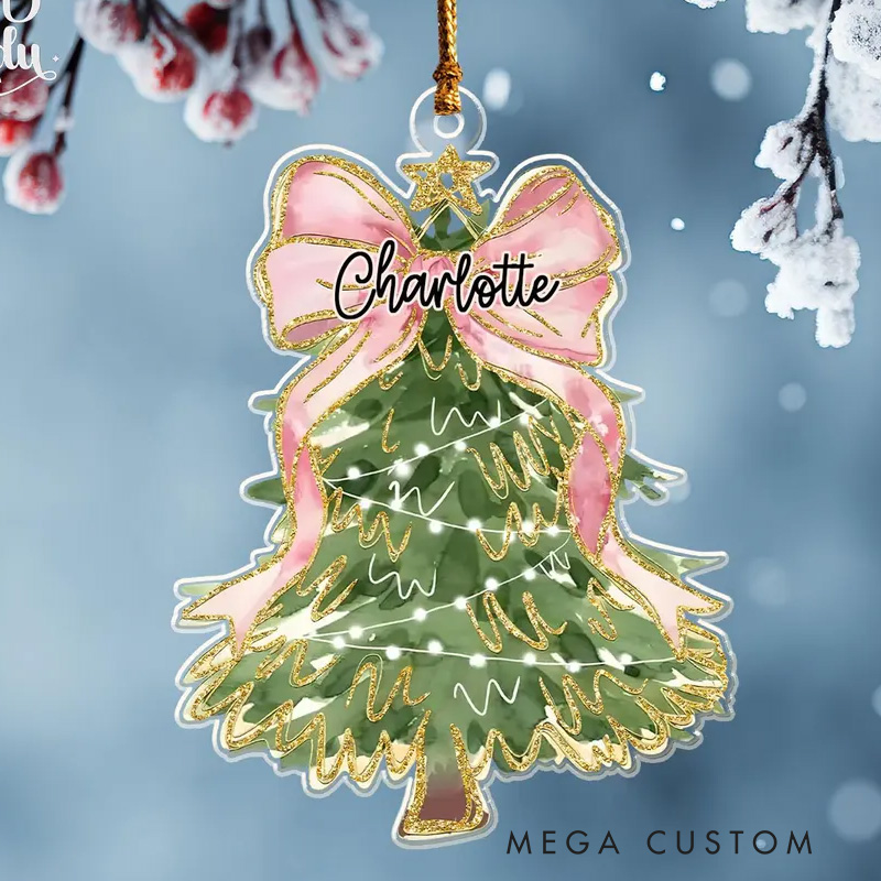 Personalized Elegant Christmas Tree with Pink Bow and Name Holiday Charm Christmas Ornament