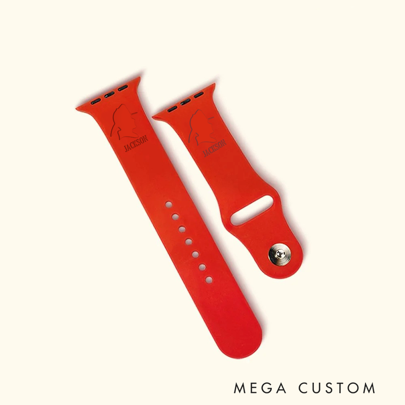 Personalized Firefighter Red Silicone Watch Band with Firefighter Silhouette Design Gift for Firefighters