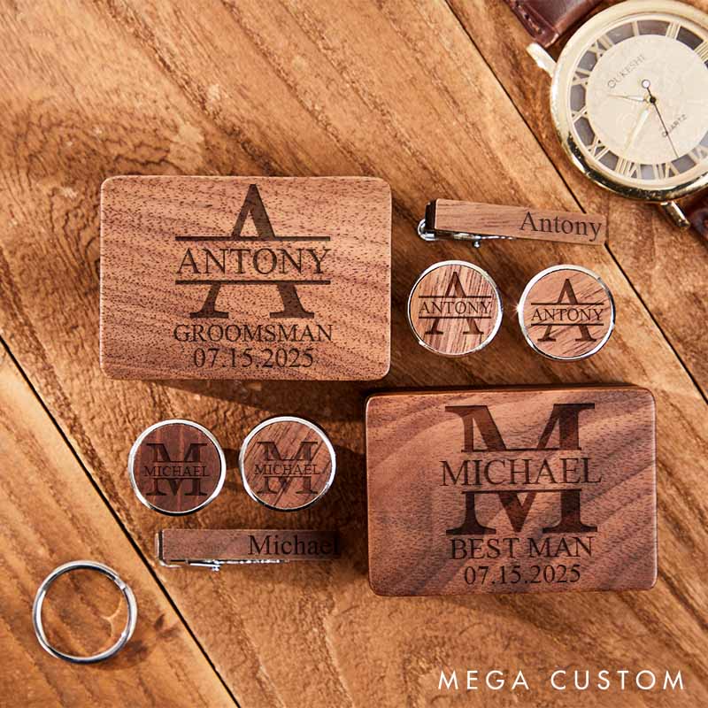 Personalized Wooden Cufflink Box Set Custom Groomsman Cufflinks Box Set with Tie Clip Monogrammed Groomsman Proposal Gift Cufflink Bachelor Party Favors Gift