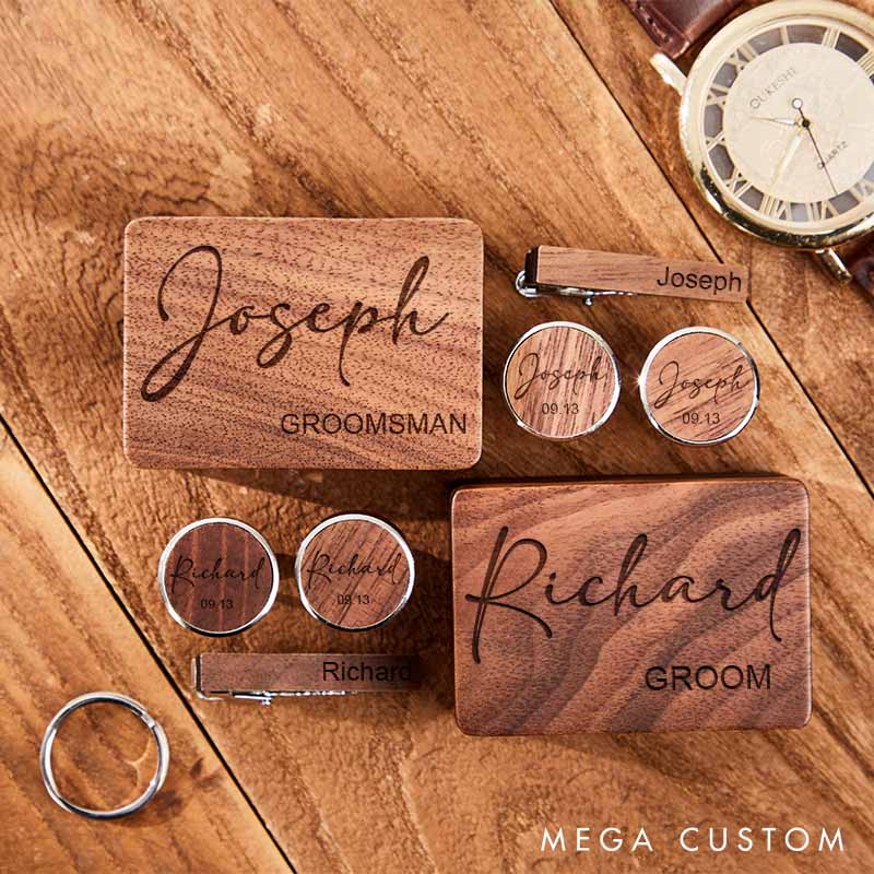 Personalized Groomsman Wooden Cufflink Box Set Custom Handcrafted Cufflinks Box Set with Tie Clip Groomsman Bachelor Party Favors Cufflink Men’s Cufflinks