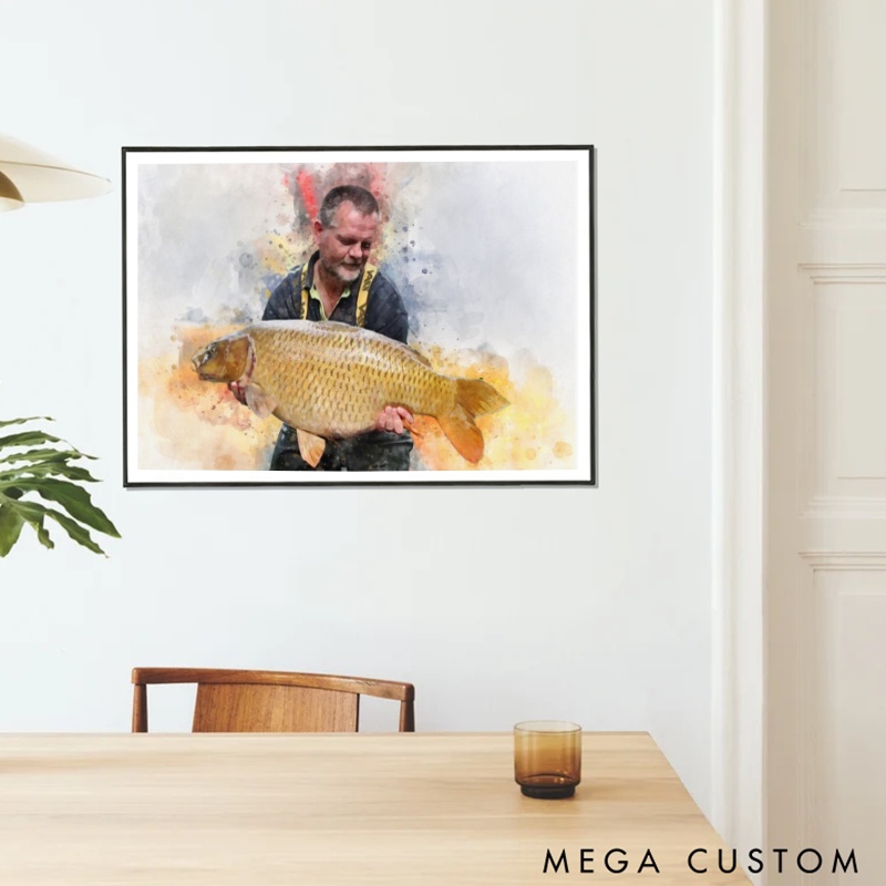 Personalized Digital Watercolor and Sketch Painting Fishing Photo Portrait From Photo Custom Vacation Photo Photo Gift for Fishing Lover
