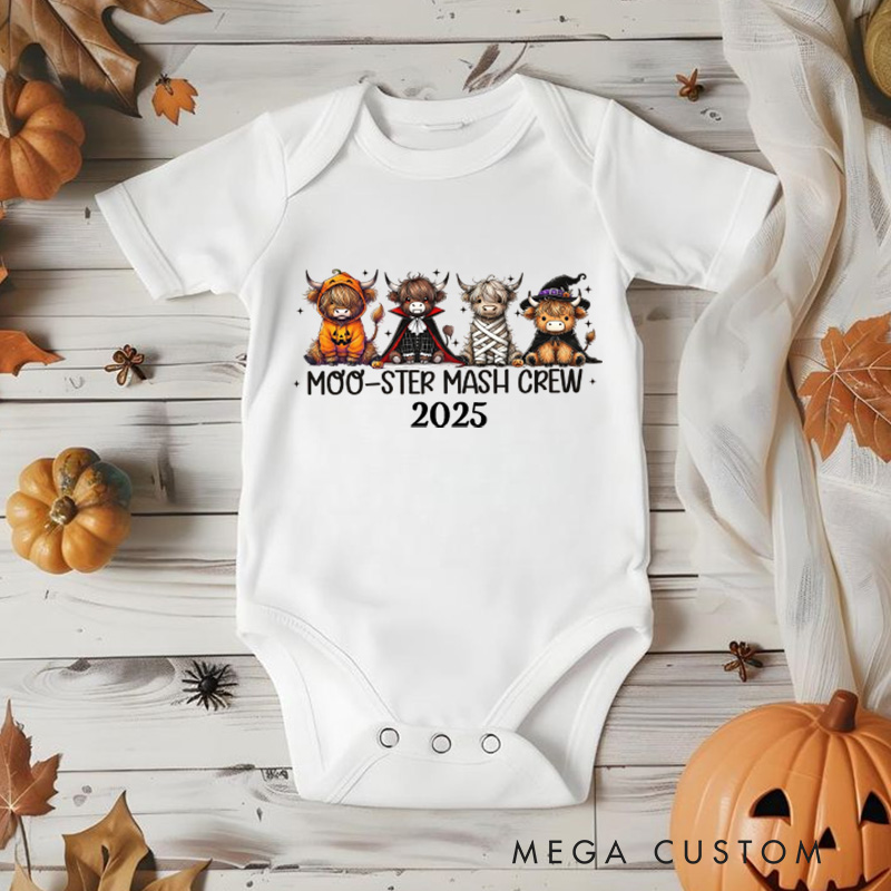 Personalized Highland Cow Halloween Onesie Fall Baby Bodysuit Cute Halloween Cow Onesie Monster Moo Crew Baby Body Suit Funny Highland Cow Baby Romper
